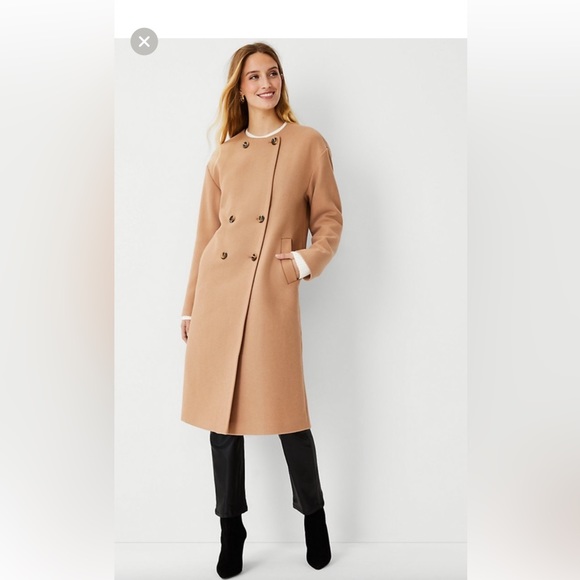 Ann Taylor Wool Blend Crew Neck Long Coat Camel Tan Size Small - Picture 3 of 4
